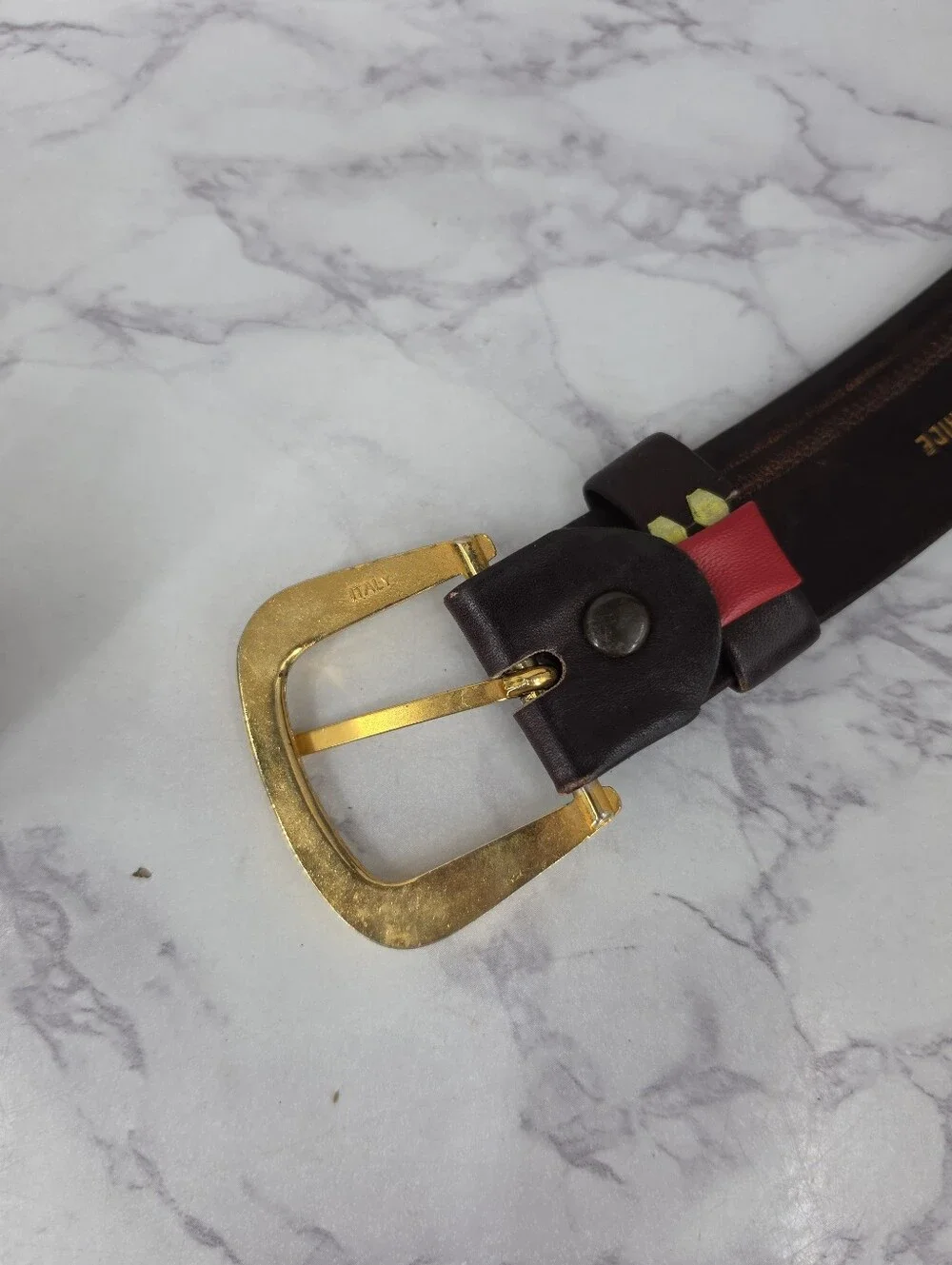 Vintage Men's Dark Brown Leather Belt with Gold Tone Buckle Full Grain Cowhide